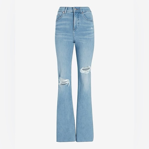 Express High Waisted Light Wash Ripped Flare Jeans 00R - Picture 4 of 10